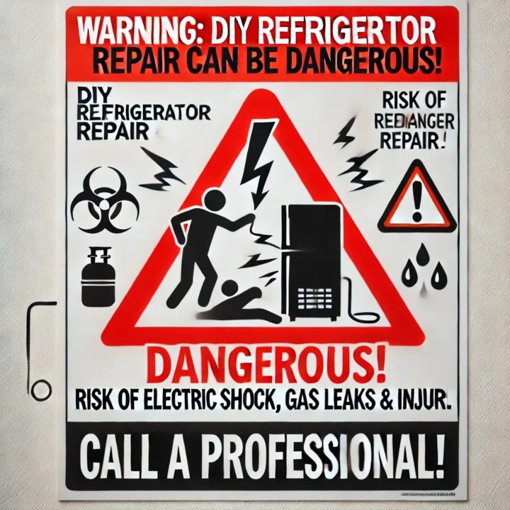 DALL·E 2025 02 03 08.42.48 A warning sign about the dangers of DIY refrigerator repair. The sign features a bold red triangle with an exclamation mark in the center. Below it t