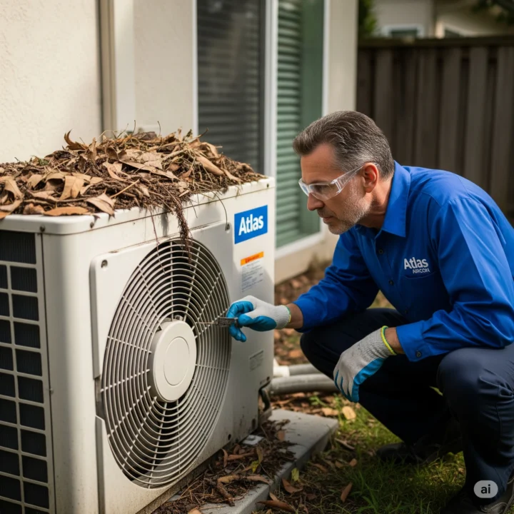 an outdoor AC condenser unit perhaps one that is visibly dirty with leaves or a technician inspecting the fan