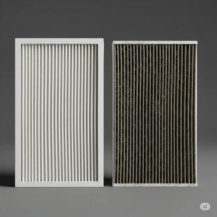 clean air filter next to a very dirty