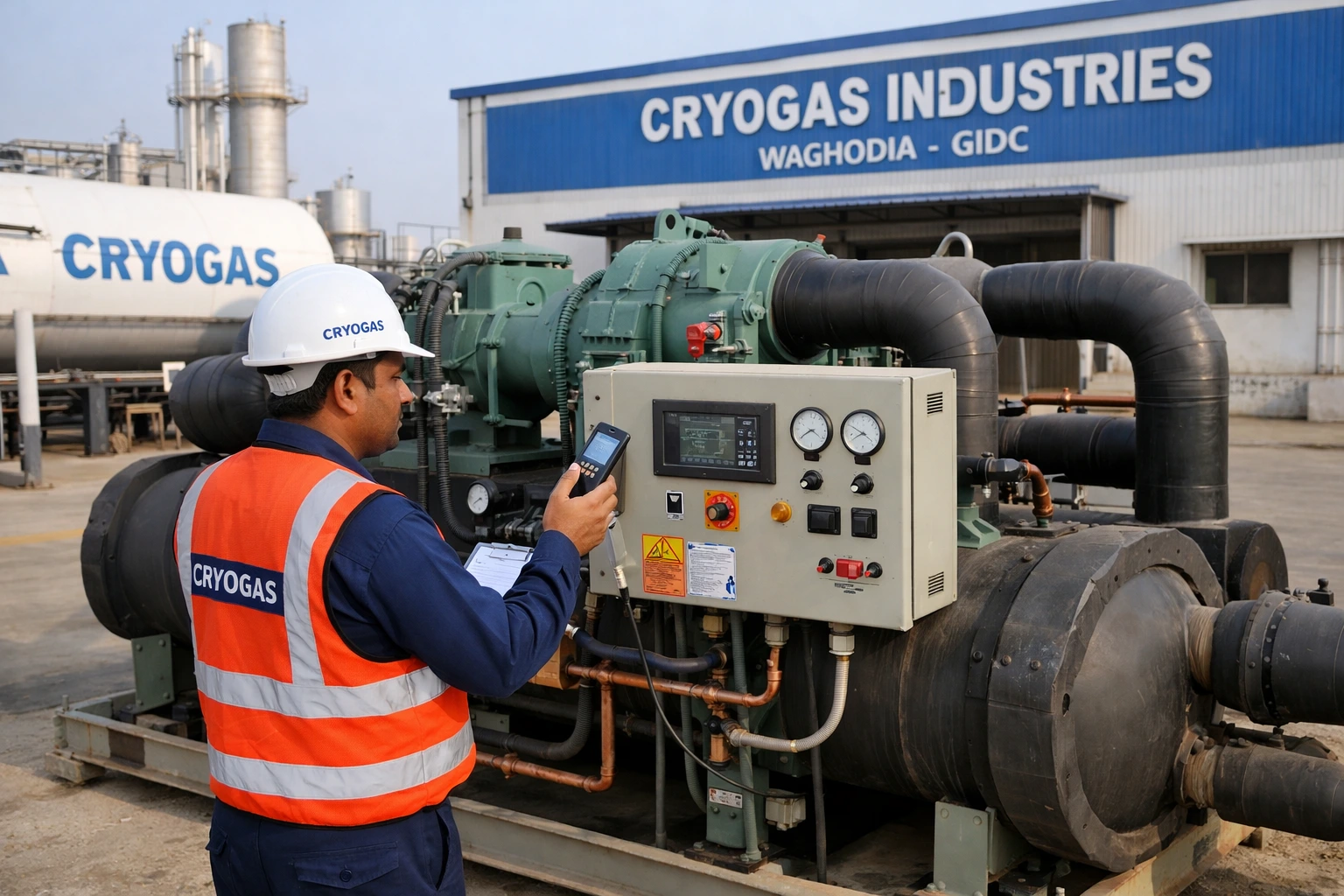 Successful Chiller Repair at Waghodia GIDC showing technician working on compressor